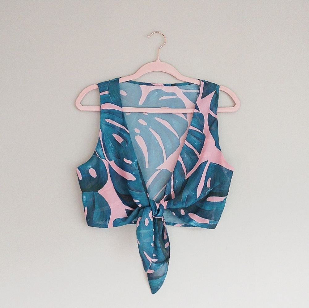 NWT Show Me Your MuMu  Tropical Palm Leaf Pink Tie Crop Top